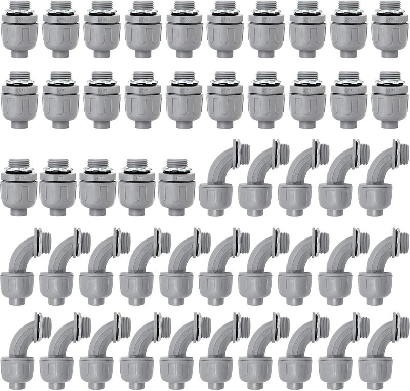 Feotech 50 Pack 3/4 Inch Liquid Tight Connectors - PVC Electrical Conduit Fittings, Straight, 90 and 180 Degree Non-Metallic Flexible Connectors for Home, Bathroom, and Kitchen, Gray - Image 1